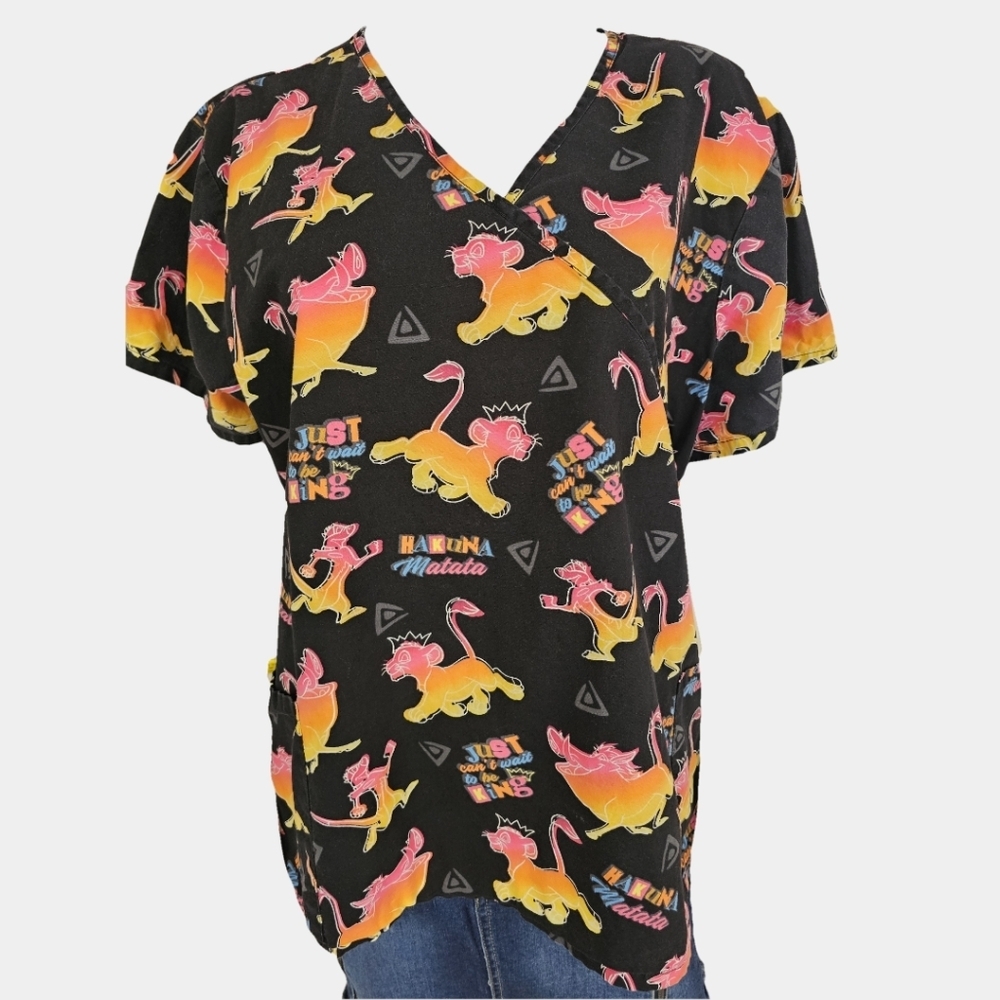 Women's Black 'Hakuna Matata' V-Neck Top with Pink & Yellow Lion Print